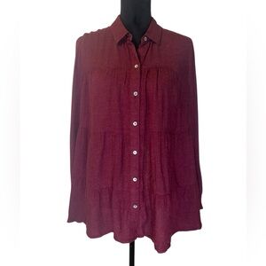 J Jill Bordeaux Burgundy Button Front Shirt Top Size M